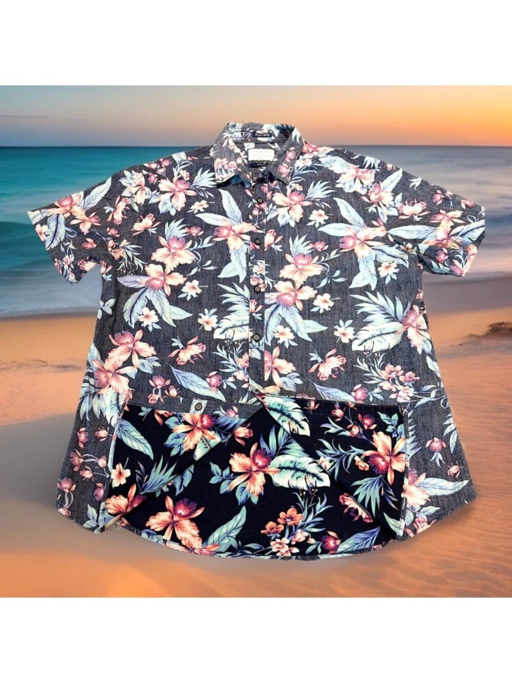 Denim & Flower Hawaiian Shirt Mens XL Slim Fit Reverse Floral Print Aloha Tiki